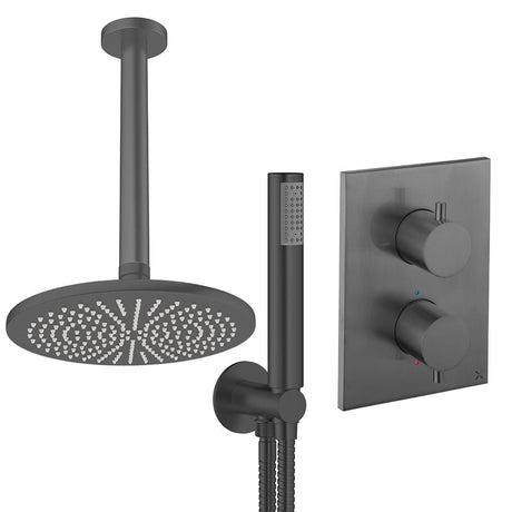 UK Bathroom Store Concealed Shower Set Slate / Ceiling Arm / 300mm Crosswater Crossbox Shower Set 3 - 2 Outlet with Pencil Handset and Fixed Overhead Shower