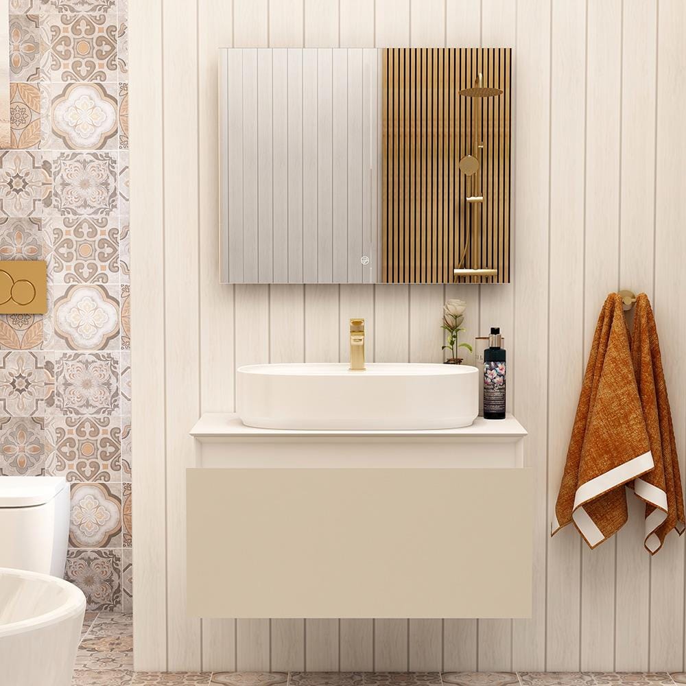 Imex Wall Mounted Vanity Unit Cashmere Imex Essence Wall Mounted 800mm Single Drawer Vanity Unit with Worktop and  1 Tap Hole Basin