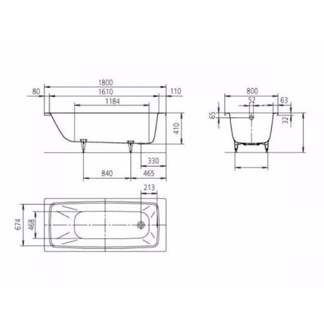Kaldewei Single Ended Bath 1800mm x 800mm / 0 Kaldewei Cayono Single Ended Steel Bath with Leg Set