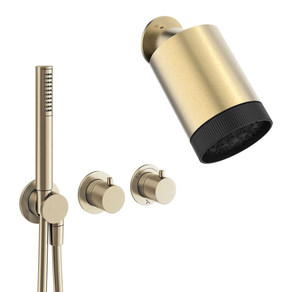 UK Bathroom Store Concealed Shower Set Brushed Brass Crosswater Module Plus Shower Set 3 - 2 Outlet with Revive Multifunctional Spotlight Shower Head and Pencil Handset