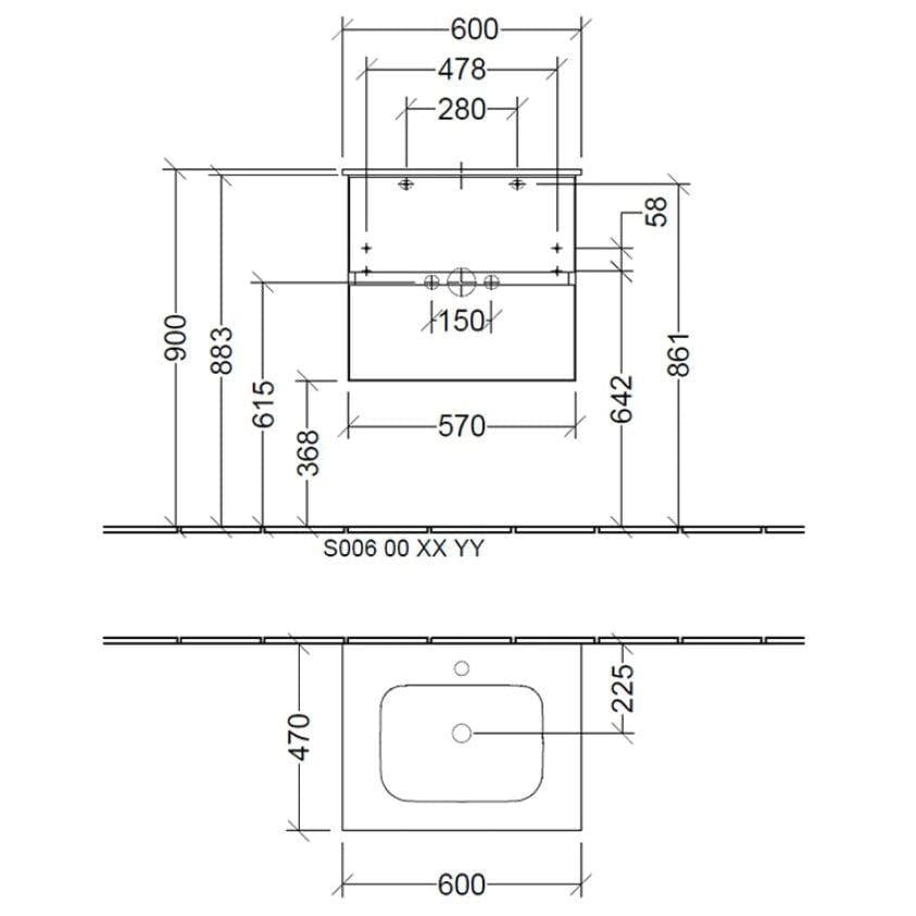 Villeroy & Boch Wall Mounted Vanity Unit Villeroy & Boch Arto Wall Mounted 600mm Two Drawer Vanity Unit with Basin