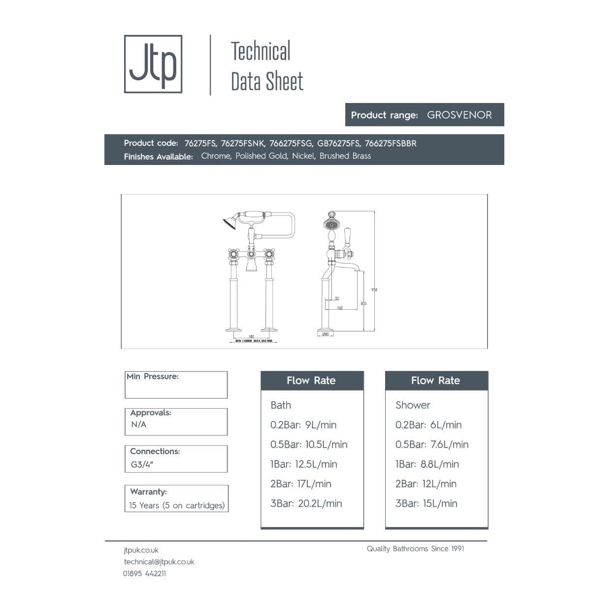 JTP Freestanding Bath Filler JTP Grosvenor Cross Freestanding Bath Shower Mixer with Kit