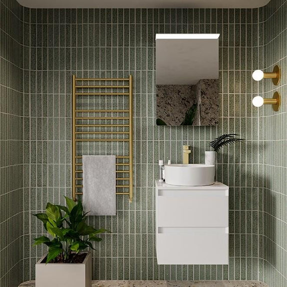 Saneux Ember Straight Vertical Electric Only Towel Rail Brushed Brass in Green Bathroom