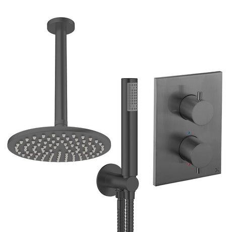 UK Bathroom Store Concealed Shower Set Slate / Ceiling Arm / 200mm Crosswater Crossbox Shower Set 3 - 2 Outlet with Pencil Handset and Fixed Overhead Shower