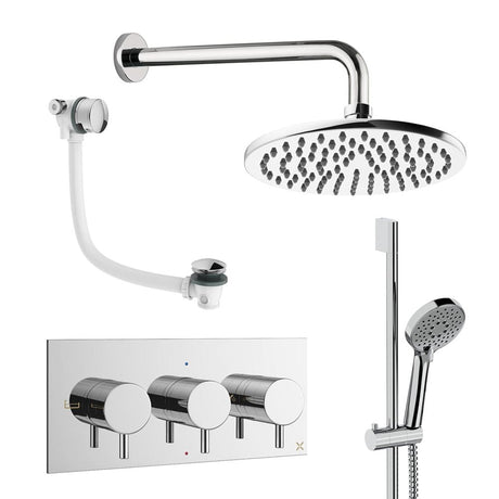 Crosswater Concealed Shower Set Chrome / Wall Arm / 200mm Crosswater Design 3 Handle 3 Outlet Shower Set 9 with Slide Rail Kit, Rainfall Head and Overflow Bath Filler