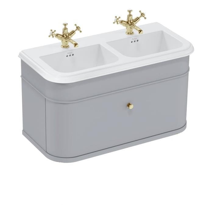 Burlington Double Sink Vanity Unit Classic Grey / Ceramic Basin - 3 Tap Hole / Gold Burlington Chalfont 1000mm Wall Mounted Single Drawer Vanity Unit with Double Basin