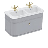 Burlington Double Sink Vanity Unit Classic Grey / Ceramic Basin - 3 Tap Hole / Gold Burlington Chalfont 1000mm Wall Mounted Single Drawer Vanity Unit with Double Basin