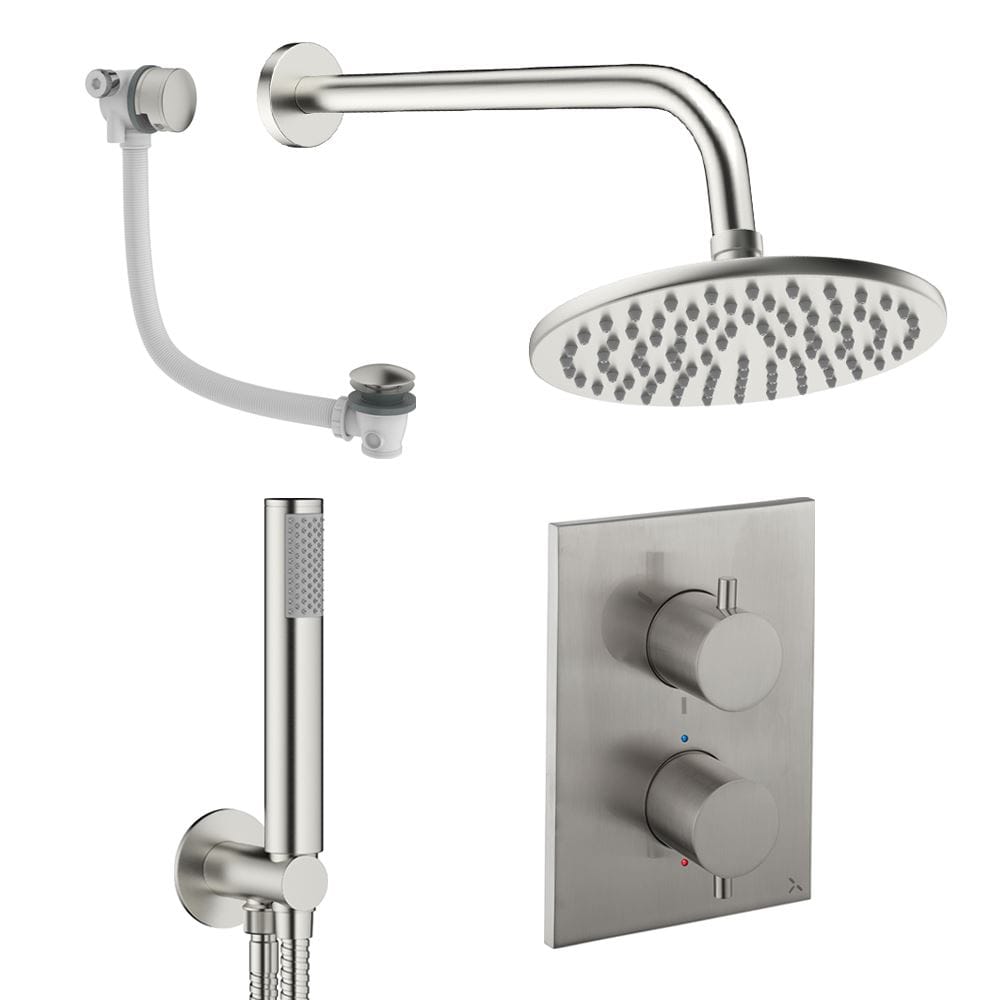 UK Bathroom Store Concealed Shower Set Brushed Nickel / Wall Arm / 200mm Crosswater Crossbox Shower Set 9 - 3 Outlet with Fixed Overhead Shower,Pencil Handset and Overflow Bath Filler Waste