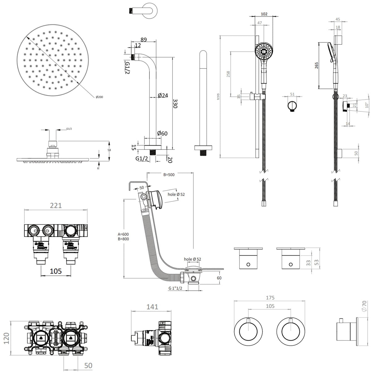 UK Bathroom Store Concealed Shower Set Crosswater Module Shower Set 7 - 3 Outlet with Riser Rail Kit, Overhead Shower and Overflow Bath Filler