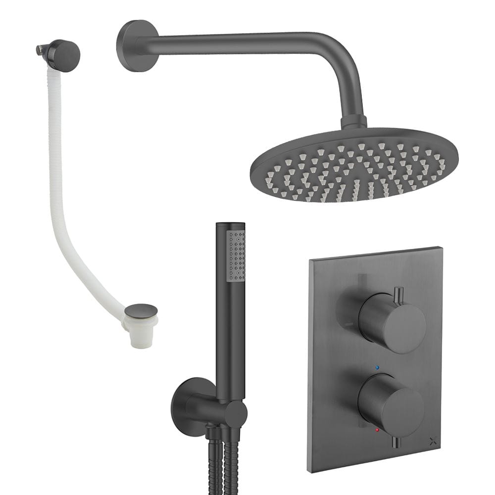 UK Bathroom Store Concealed Shower Set Slate / Wall Arm / 200mm Crosswater Crossbox Shower Set 9 - 3 Outlet with Fixed Overhead Shower,Pencil Handset and Overflow Bath Filler Waste