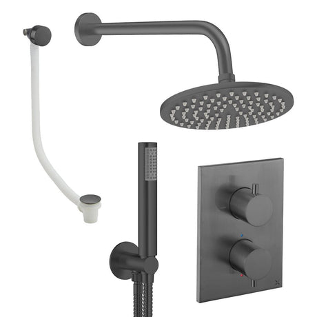 UK Bathroom Store Concealed Shower Set Slate / Wall Arm / 200mm Crosswater Crossbox Shower Set 9 - 3 Outlet with Fixed Overhead Shower,Pencil Handset and Overflow Bath Filler Waste