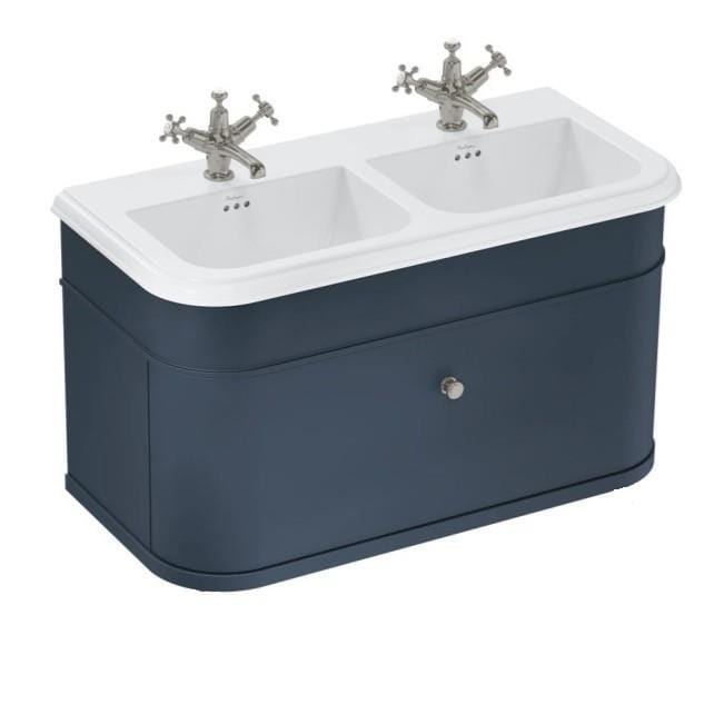 Burlington Double Sink Vanity Unit Blue / Ceramic Basin - 1 Tap Hole / Brushed Nickel Burlington Chalfont 1000mm Wall Mounted Single Drawer Vanity Unit with Double Basin