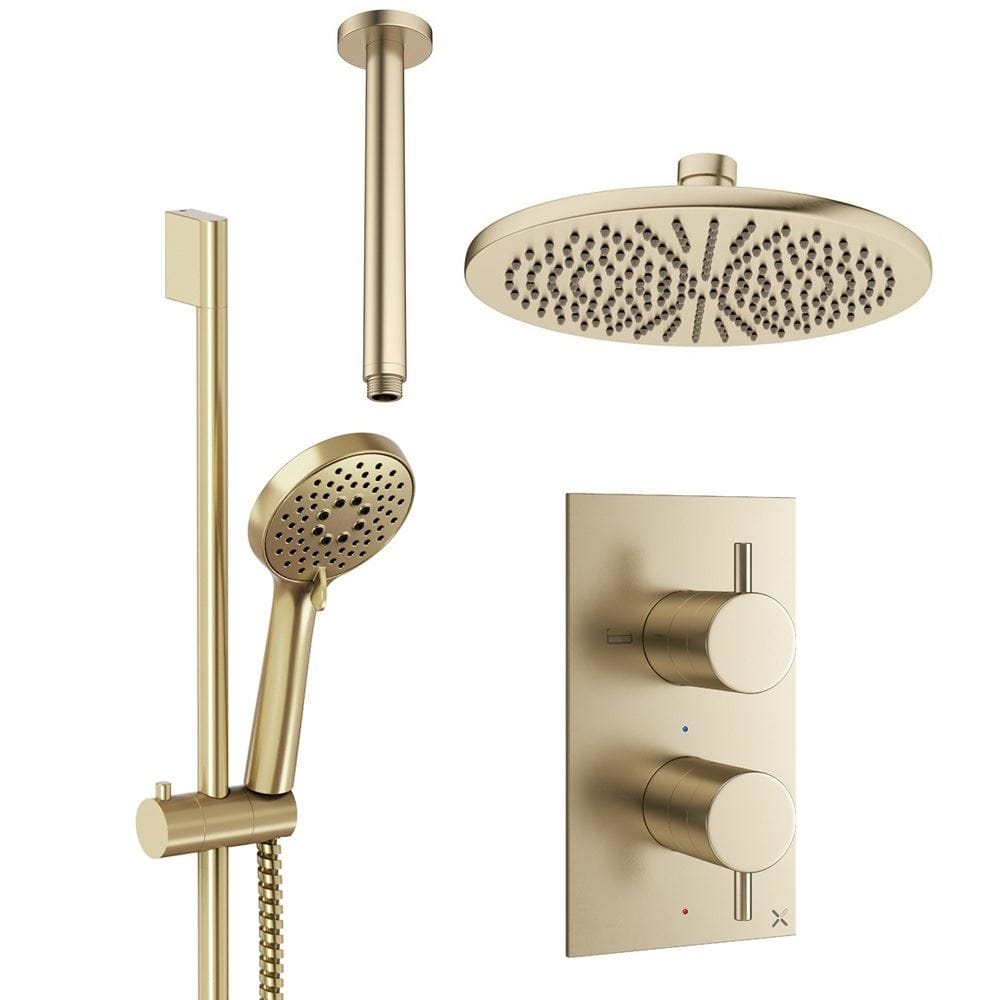 Crosswater Concealed Shower Set Brushed Brass / Ceiling Arm / 300mm Crosswater Design 2 Handle 2 Outlet Shower Set 4 with Rainfall Head and Slide Rail Kit