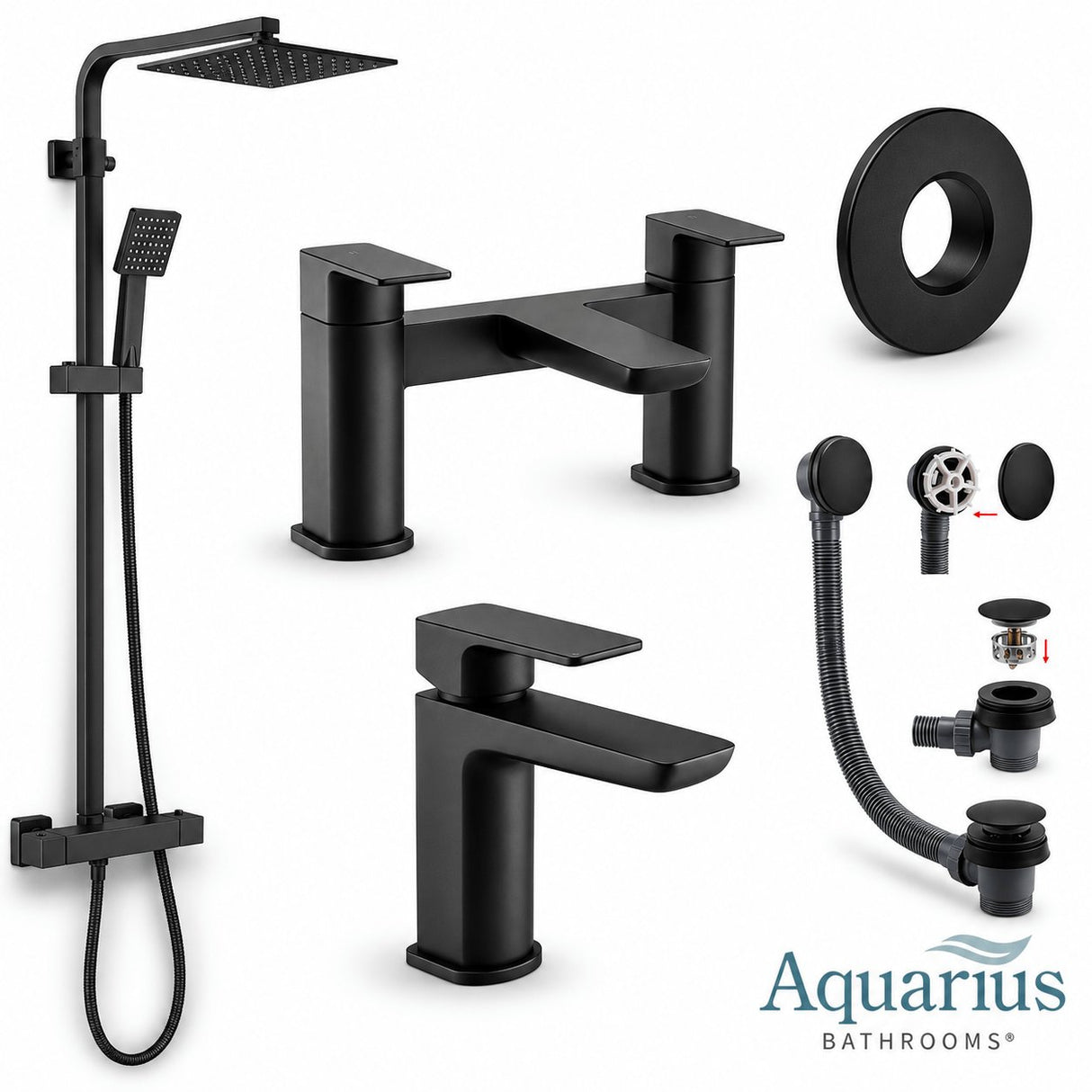 Aquarius Bathrooms Exposed Shower Set Matt Black Aquarius Hydro Complete Shower Brassware Pack with Basin Mixer, Bath Mixer & Round Exposed Shower