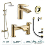 Aquarius Bathrooms Exposed Shower Set Brushed Brass Aquarius Arc Complete Brassware Pack with Bath and Basin Tap and Exposed Shower