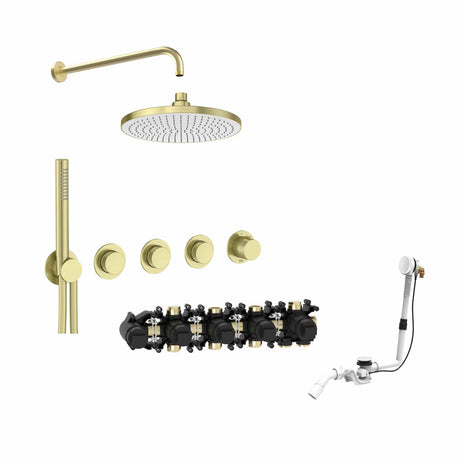 Roca Concealed Shower Set Brushed Brass Roca T-Multi Switch Thermostatic Concealed Shower Valve with Rainshower Head, Pencil Handset  and Overflow Bath Filler