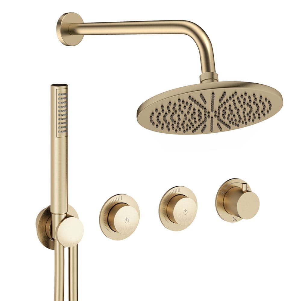 UK Bathroom Store Concealed Shower Set Brushed Brass / Wall Arm / 300mm Crosswater Module Shower Set 8 - 2 Outlet with Pencil Handset and Overhead Shower