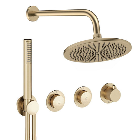 UK Bathroom Store Concealed Shower Set Brushed Brass / Wall Arm / 300mm Crosswater Module Shower Set 8 - 2 Outlet with Pencil Handset and Overhead Shower
