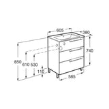 Roca Aleyda Compact 600mm Floor Standing Three Drawer Vanity Unit with Basin