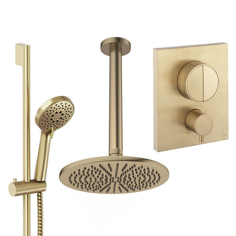 UK Bathroom Store Concealed Shower Set Brushed Brass / Ceiling Arm / 300mm Crosswater Crossbox Push Shower Set 2 - 2 Outlet with Fixed Overhead Shower and Slide Rail Kit