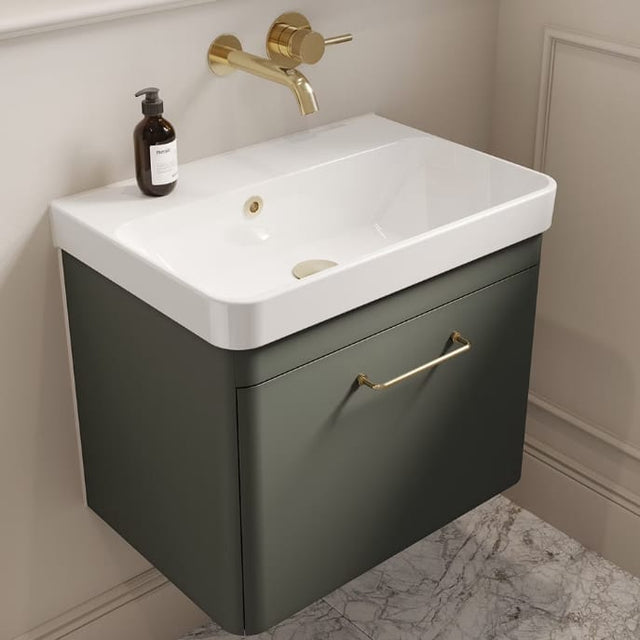 Saneux Wall Mounted Vanity Unit Saneux Hyde 550mm Wall Mounted One Drawer Vanity Unit in Matte Sage with 0 Tap Hole Basin