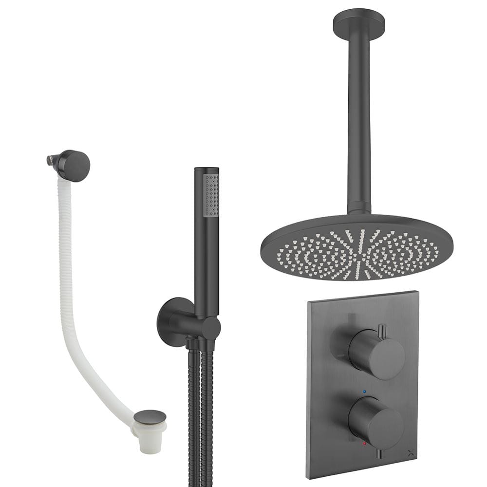 UK Bathroom Store Concealed Shower Set Slate / Ceiling Arm / 300mm Crosswater Crossbox Shower Set 9 - 3 Outlet with Fixed Overhead Shower,Pencil Handset and Overflow Bath Filler Waste