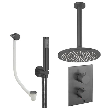 UK Bathroom Store Concealed Shower Set Slate / Ceiling Arm / 300mm Crosswater Crossbox Shower Set 9 - 3 Outlet with Fixed Overhead Shower,Pencil Handset and Overflow Bath Filler Waste
