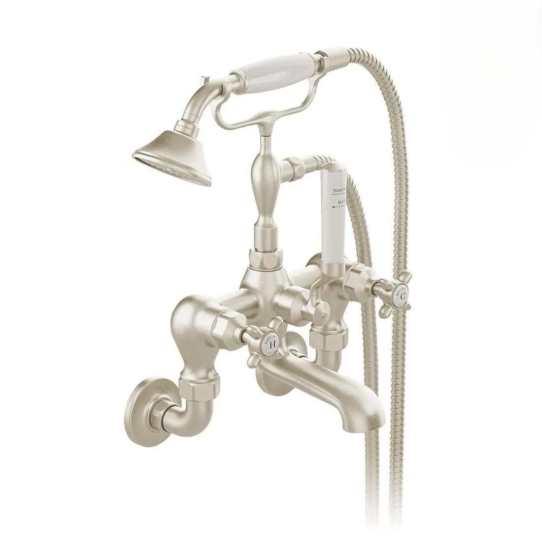 Vado Bath Shower Mixer Brushed Nickel Booth & Co. Axbridge Crosshead Wall Mounted Bath Shower Mixer with Traditional Shower Handset