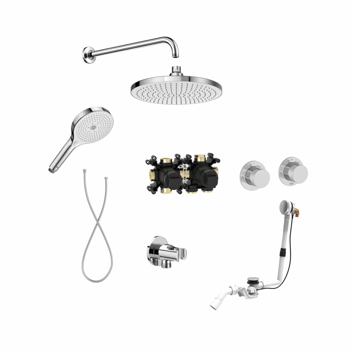 Roca Concealed Shower Set Chrome Roca T-Multi Thermostatic Concealed Shower Valve with Rainshower Head, Shower Handset and Overflow Bath Filler