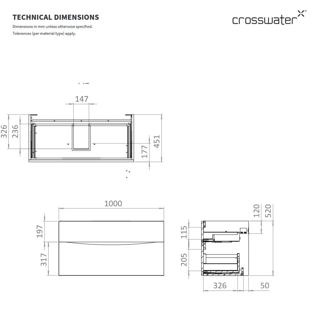 Crosswater Wall Mounted Vanity Unit Crosswater Glide II Wall Mounted Two Drawer Vanity Unit with Worktop
