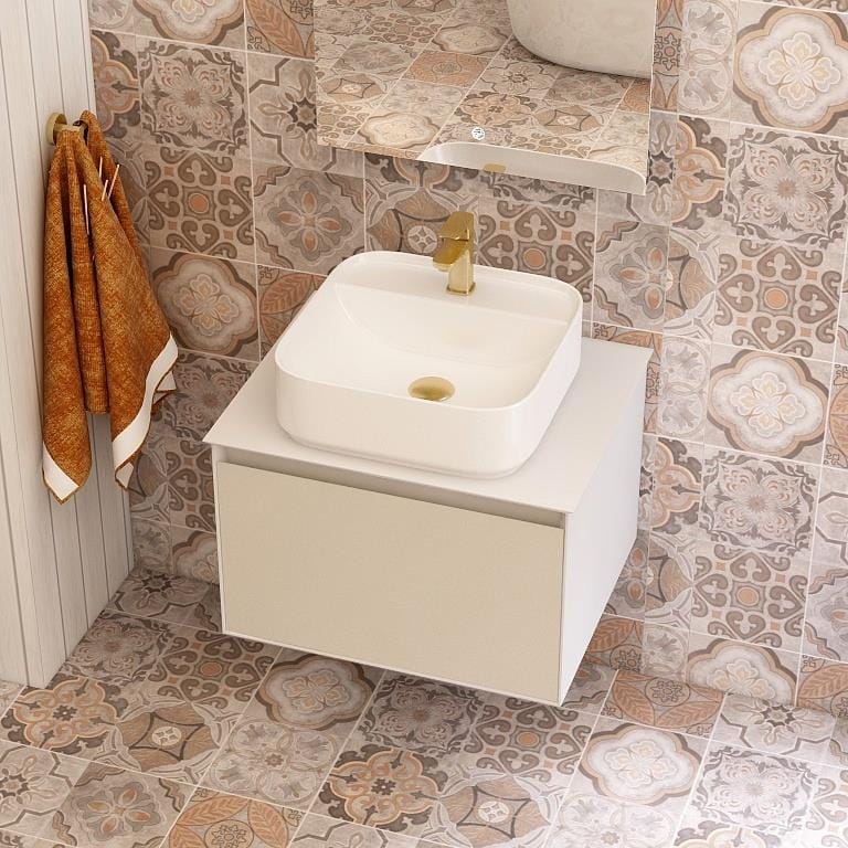 Imex Wall Hung Vanity Unit Imex Essence 600mm Wall Mounted Single Drawer Vanity Unit with Worktop and 1 Tap Hole White Basin - Cashmere