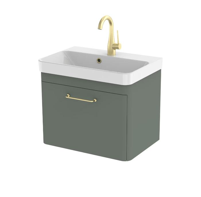 Saneux Wall Mounted Vanity Unit Saneux Hyde 550mm Wall Mounted One Drawer Vanity Unit in Matte Sage with 0 Tap Hole Basin