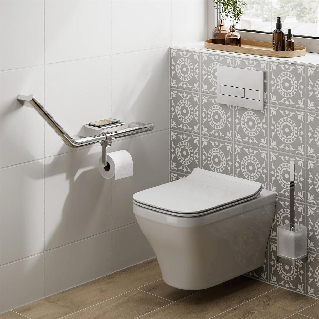 hib. Grab Rail/Bar Left hib. Angled Grab Rail with Toilet Roll Holder & Shelf with Anti-Slip Mat