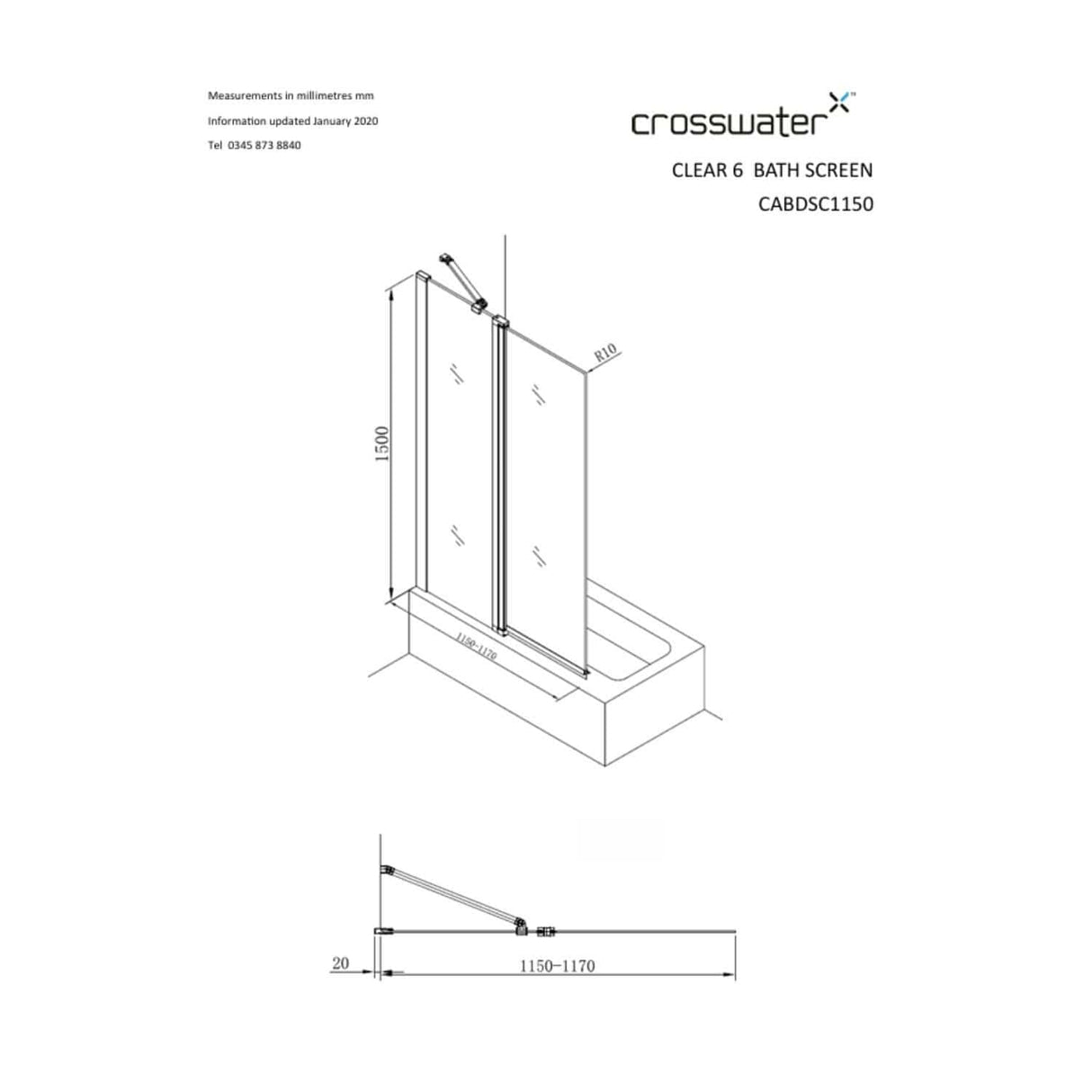 Crosswater Bath Screen Crosswater Clear 6 Double Panel Hinged Bath Screen