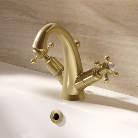 Crosswater Mono Basin Tap Brushed Brass Crosswater Belgravia Crosshead Highneck Basin Monobloc Tap with Pop-Up Waste