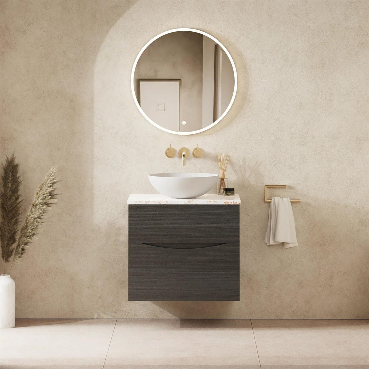 Crosswater Wall Mounted Vanity Unit 600mm / Steelwood / Gold Vein Estatuario Crosswater Glide II Wall Mounted Two Drawer Vanity Unit with Worktop