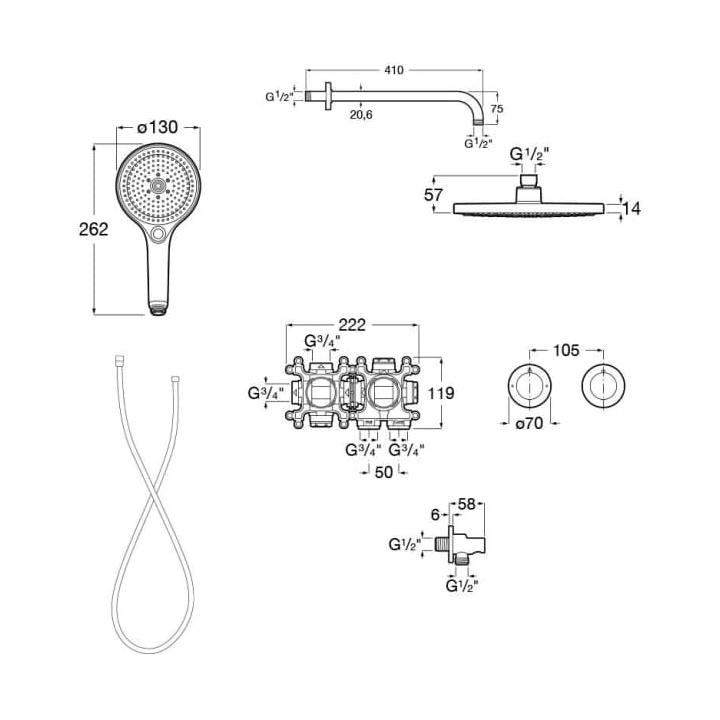Roca Concealed Shower Set Roca T-Multi Thermostatic Concealed Shower Valve with Rainshower Head, Shower Handset and Hose