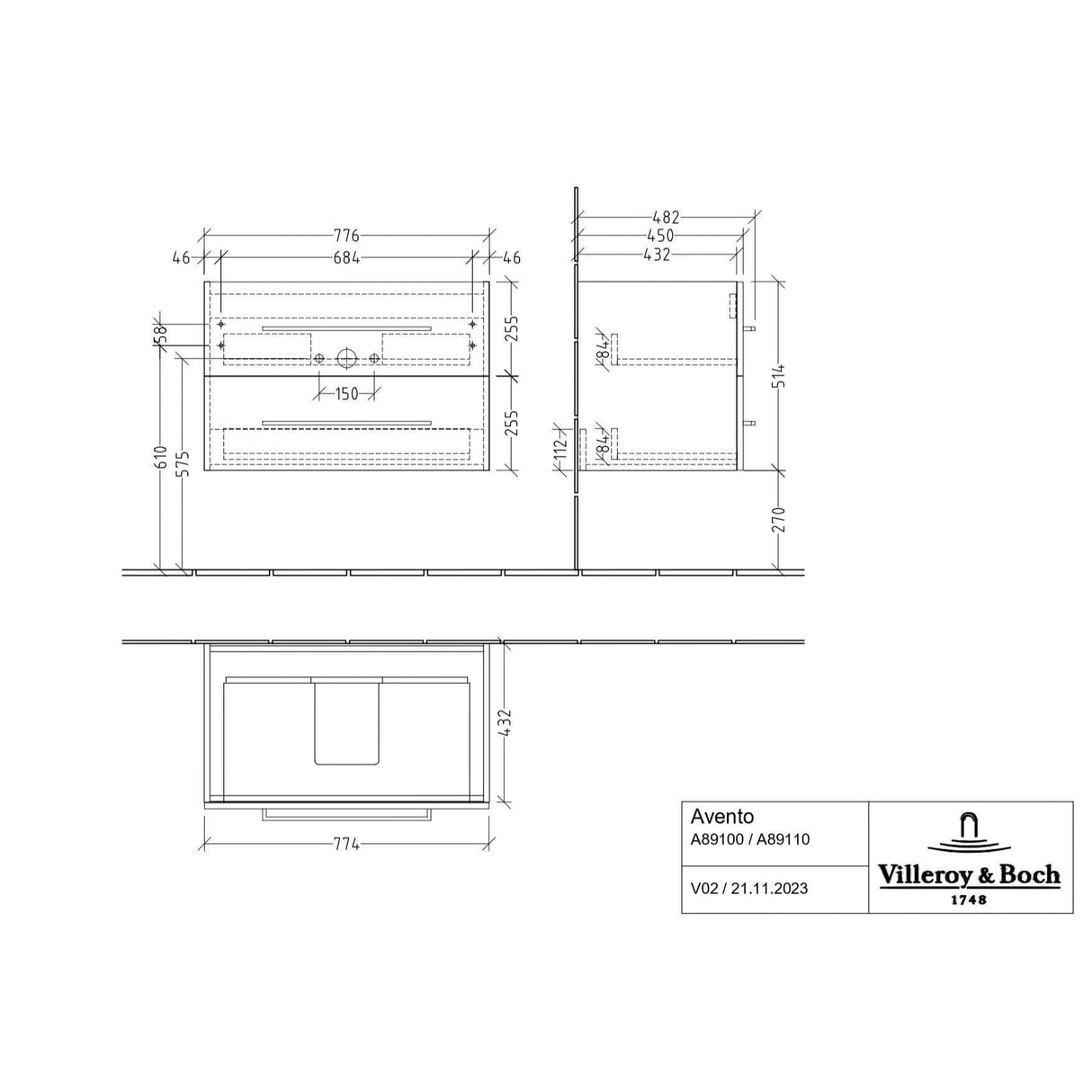 Villeroy & Boch Wall Mounted Vanity Unit Villeroy & Boch Avento Wall Hung Vanity Unit 780mm Two Drawers with Basin