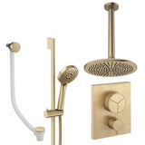 UK Bathroom Store Concealed Shower Set Brushed Brass / Ceiling Arm / 300mm Crosswater Crossbox Push Shower Set 8 - 3 Outlet with Fixed Overhead Shower, Slide Rail Kit and Overflow Bath Filler Waste