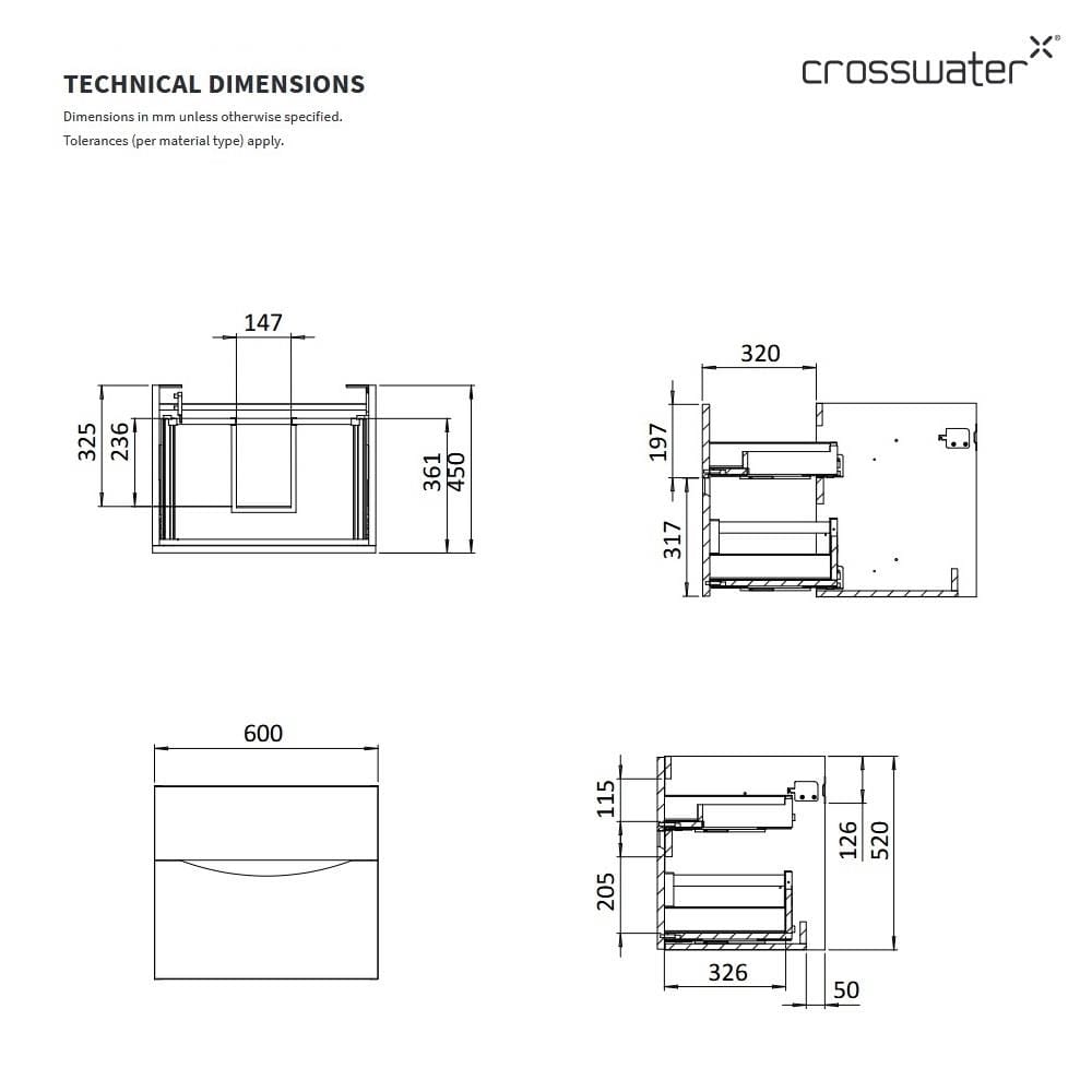 Crosswater Wall Mounted Vanity Unit Crosswater Glide II 2 Drawer 600mm Vanity Unit in White Gloss with 1 Tap Hole Ceramic Basin