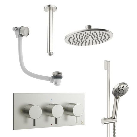 Crosswater Concealed Shower Set Brushed Nickel / Ceiling Arm / 200mm Crosswater Design 3 Handle 3 Outlet Shower Set 9 with Slide Rail Kit, Rainfall Head and Overflow Bath Filler