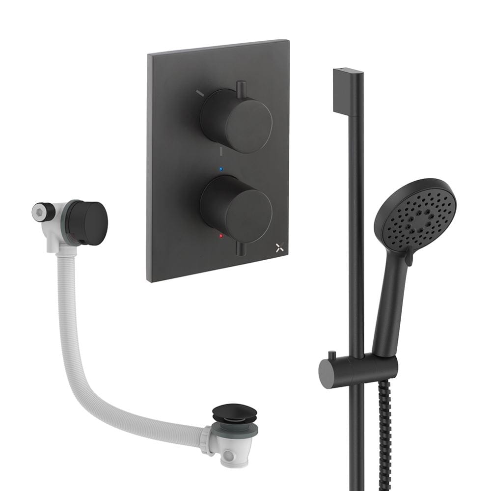 UK Bathroom Store Concealed Shower Set Matt Black Crosswater Crossbox Shower Set 6 - 2 Outlet with Riser Rail Kit and Overflow Bath Filler Waste