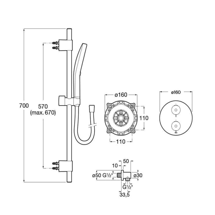 Roca Concealed Shower Set Roca T-500 Round Thermostatic Concealed Shower Valve with with Shower Handset and Slide Rail Set
