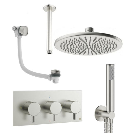 Crosswater Concealed Shower Set Brushed Nickel / Ceiling Arm / 300mm Crosswater Design 3 Handle 3 Outlet Shower and Bath Filler Set 8