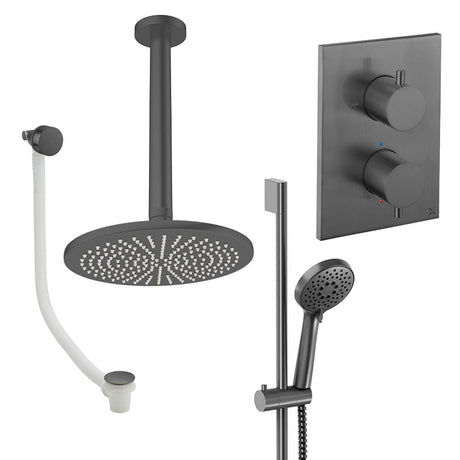 UK Bathroom Store Concealed Shower Set Slate / Ceiling Arm / 300mm Crosswater Crossbox Shower Set 10 - 3 Outlet with Fixed Overhead Shower, Slide Rail Kit and Overflow Bath Filler Waste