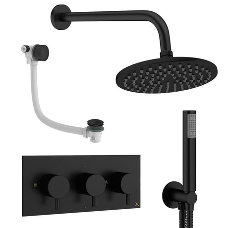 Crosswater Concealed Shower Set Matt Black / Wall Arm / 200mm Crosswater Design 3 Handle 3 Outlet Shower and Bath Filler Set 8