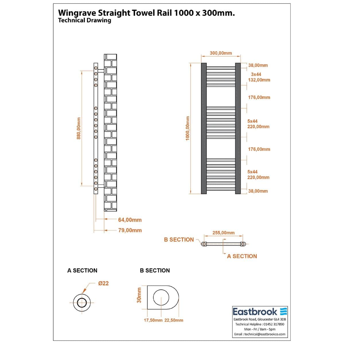 Eastbrook Ladder Rail Eastbrook Wingrave Vertical Straight Heated Towel Rail - 1000 x 300mm in Matt Anthracite