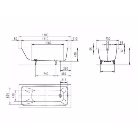 Kaldewei Single Ended Bath 1700mm x 750mm / 2 Kaldewei Cayono Single Ended Steel Bath with Leg Set
