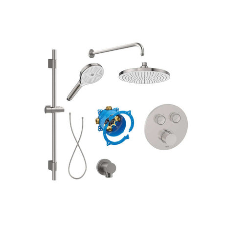 Roca Concealed Shower Set Stainless Steel Effect Roca T-3000 Round Switch Thermostatic Concealed Shower Valve with Rainshower Head, Shower Handset and Slide Rail Set