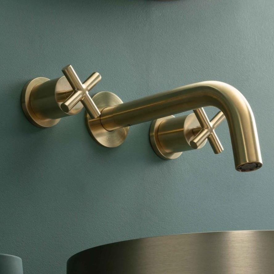 JTP Wall Mounted Basin Tap Brushed Brass JTP Solex 3 Hole Wall Mounted Basin Mixer Tap